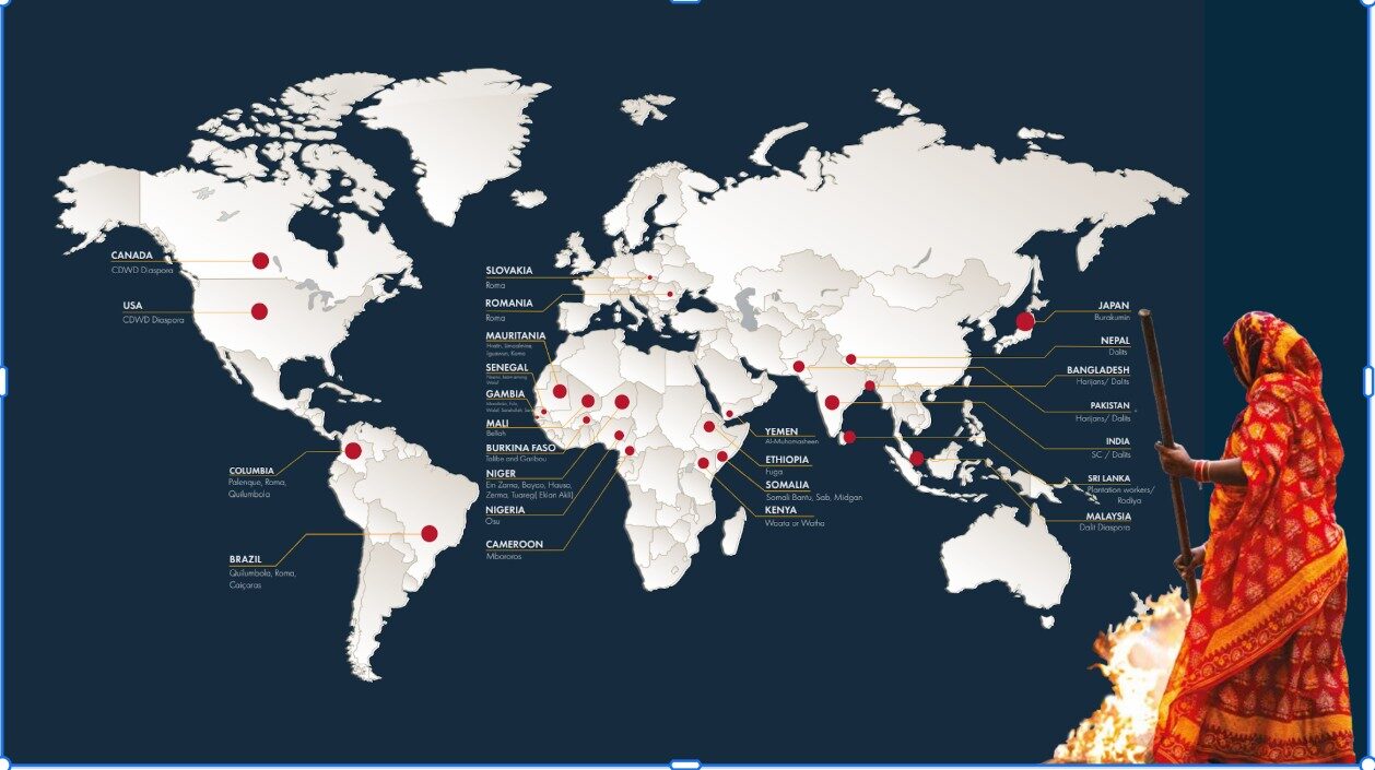 A world map marking the countries where communities are discriminated against on the basis of work and descent.